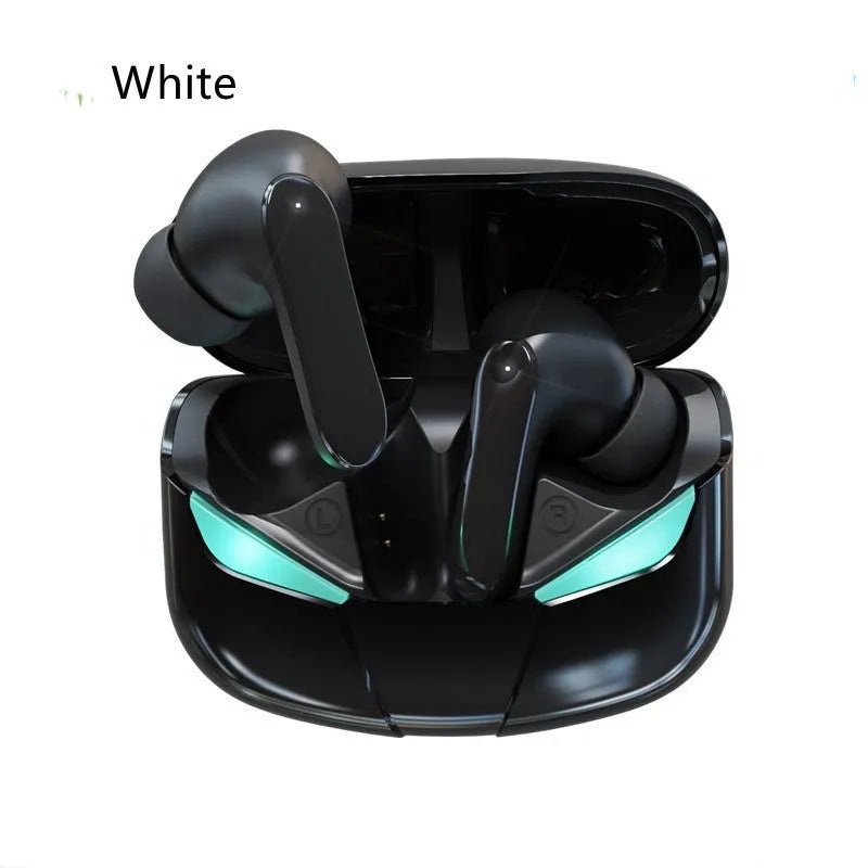 Neutral white and black wireless TWS in-ear sports stereo earbuds with charging cable