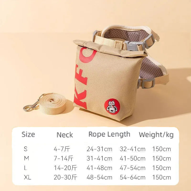 Cartoon hamburger print adjustable vest leash for a dog, showing the escape-proof design and walking rope.