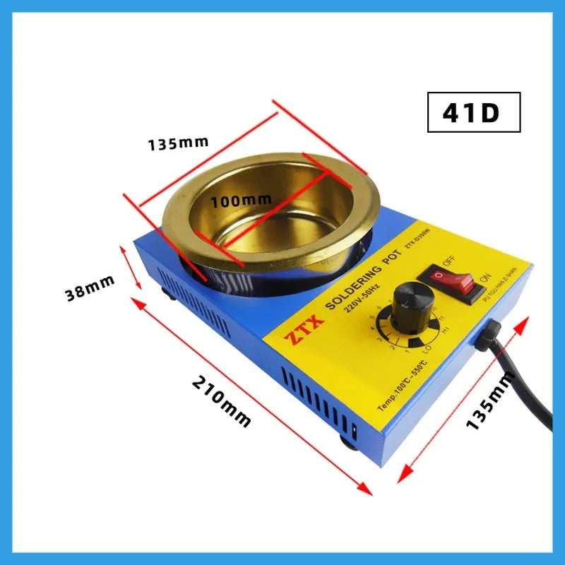 Desktop adjustable temperature tin melting furnace with thermostat control and titanium-plated pot.