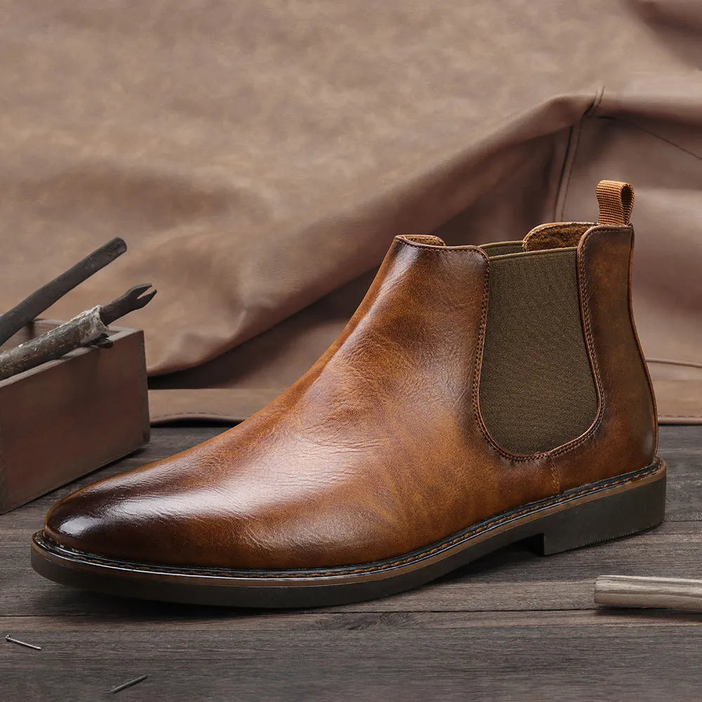 Men's waterproof leather Martin boots, round toe, flat heel, rubber sole, sizes 40-46, four colours