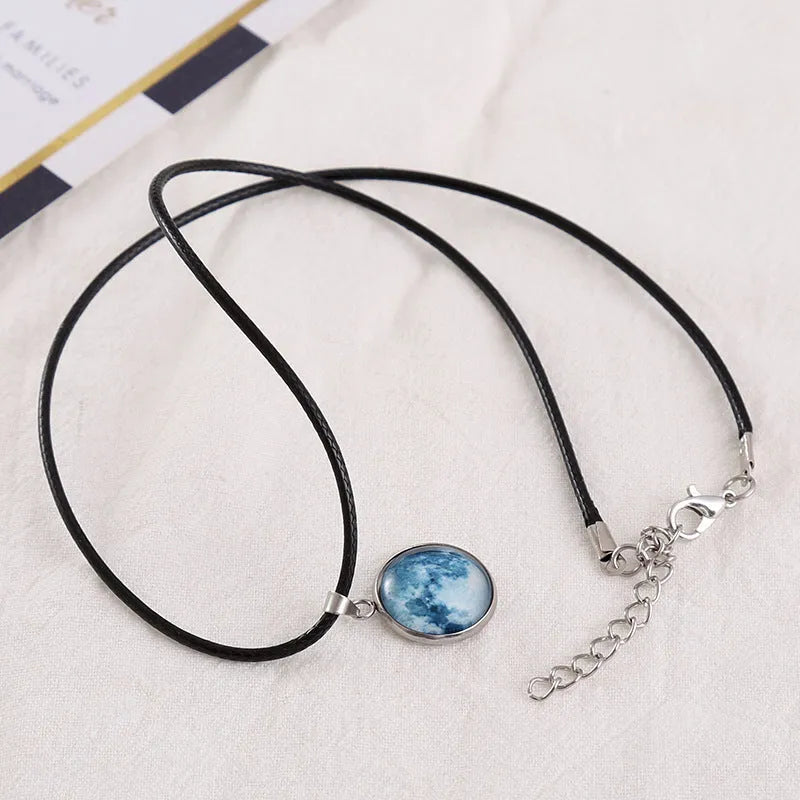 Time Stone constellation pendant necklace with organic glass pendant and alloy chain, showing adjustable length and colour options.