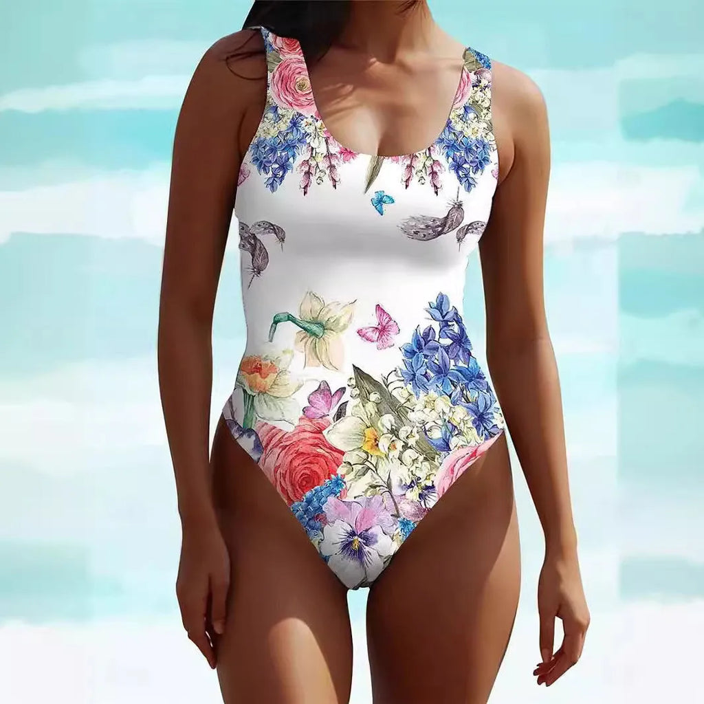 Women's sleeveless dress-style swimsuit in a bohemian pattern, made from spandex fabric.