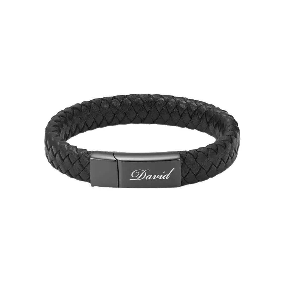Black woven stainless steel and leather cinerary casket bracelet with engraved text.