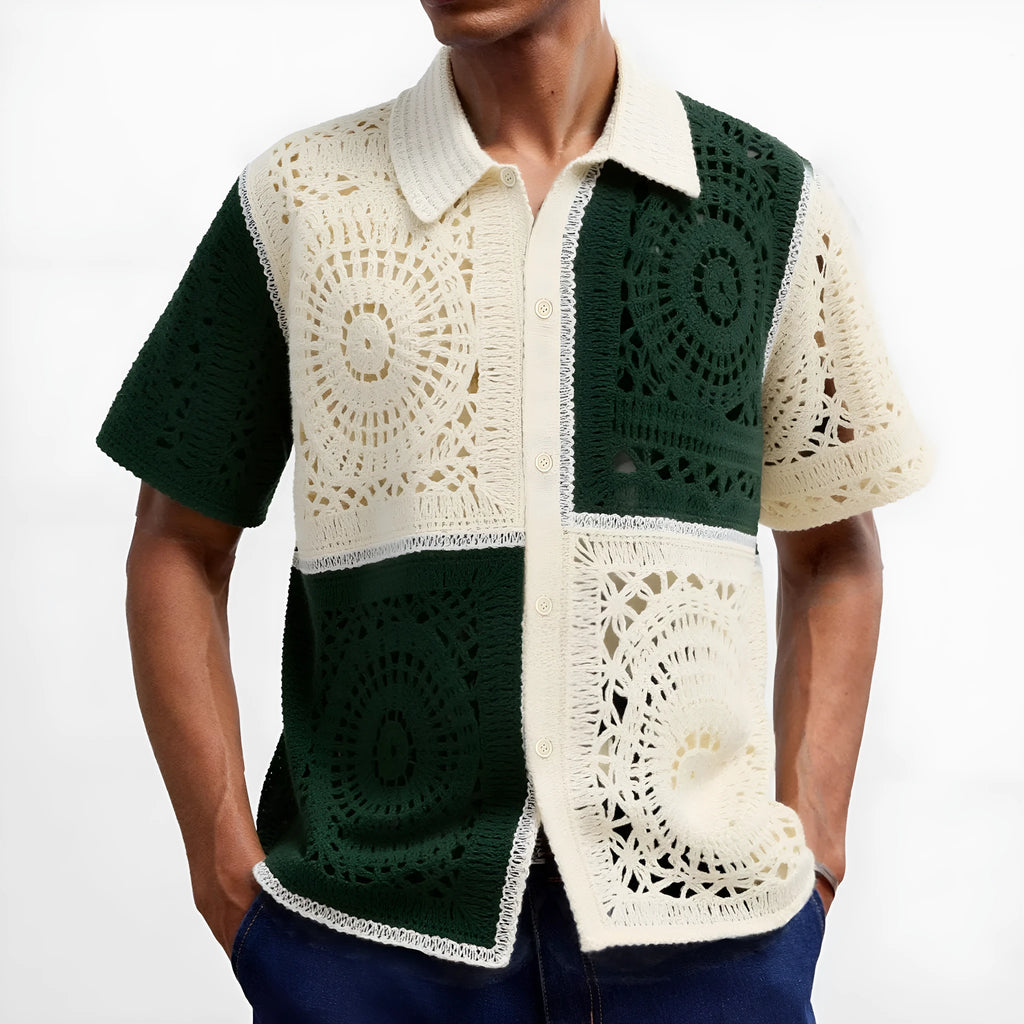 Men's beige colourblock short sleeve knitwear shirt with flocking detail showing front view