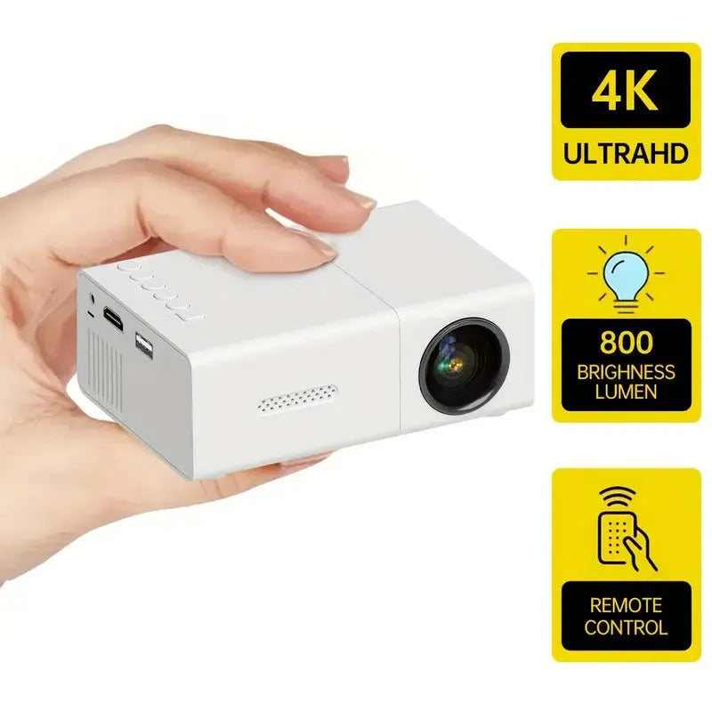 M100 Mini Projector in black or white showing 100-inch projection with international power compatibility
