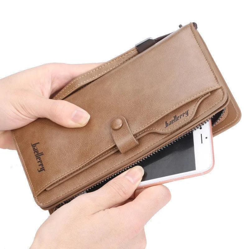 Men's retro PU leather multifunction phone bag wallet with anti-theft design and multiple card slots