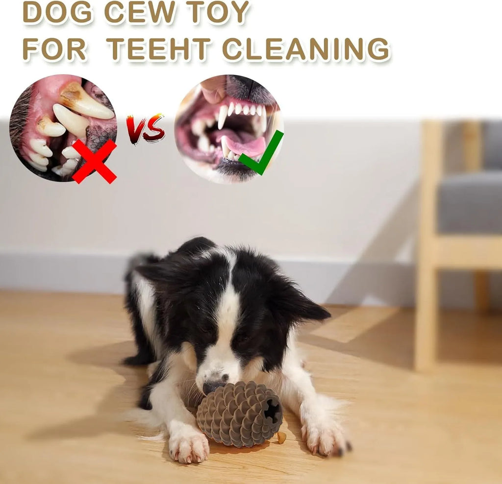 Pine cone-shaped yellow dog toy with treat dispenser, natural rubber, for medium to large dogs