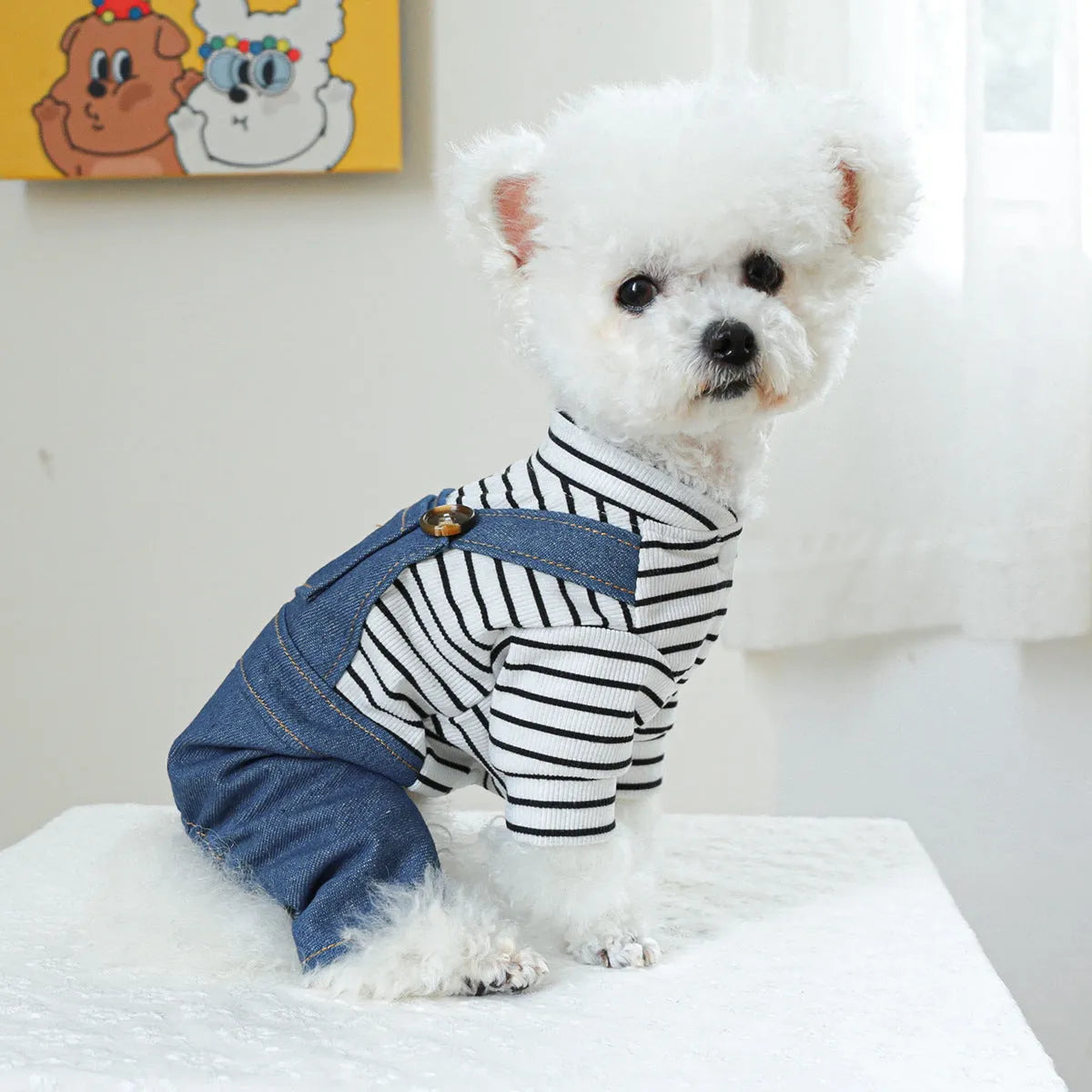 Cute bear dog overalls in polyester, XS to XL, chest 30-54cm and back length 20-40cm.