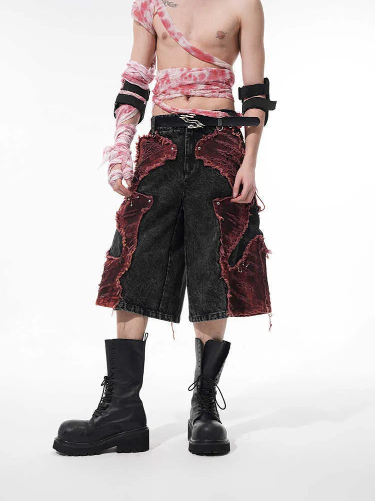 Women's distressed denim wide leg cropped trousers with mid-high waist and brushed stitching