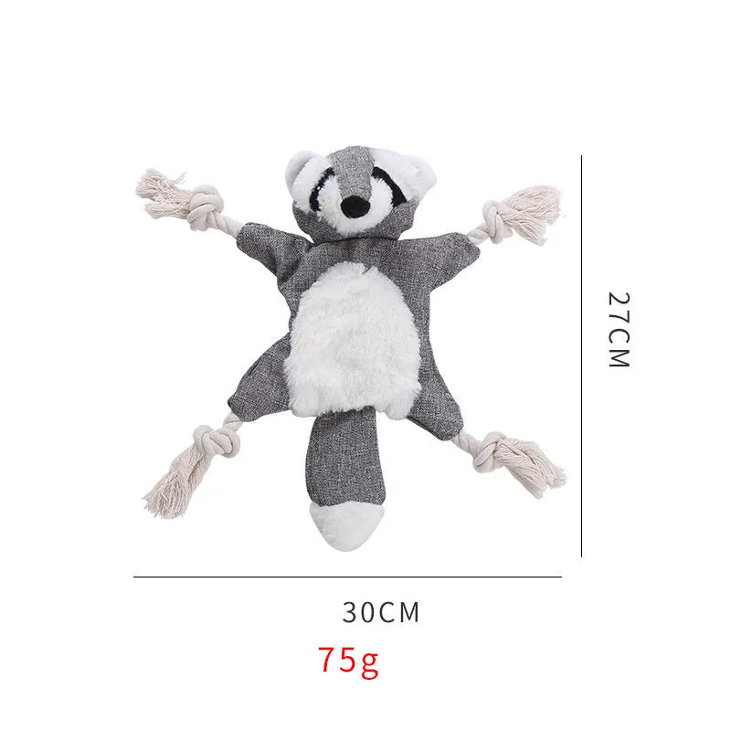 Brown fox dog toy with embroidered eyes, cotton rope arms and legs, and stuffless plush body