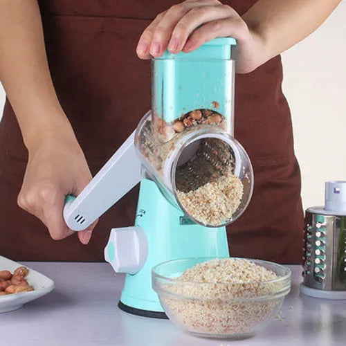 Manual round mandoline slicer vegetable cutter with stainless steel blades in blue colour
