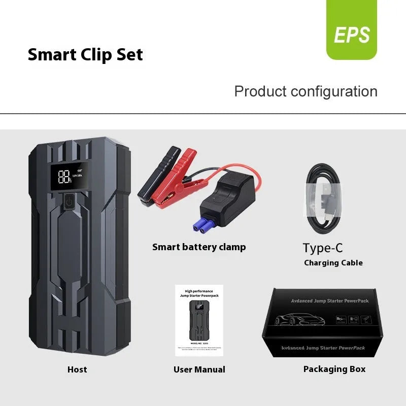 Portable 12V car jump starter 8000mAh with dual USB ports, LED light and 160x79x28mm size