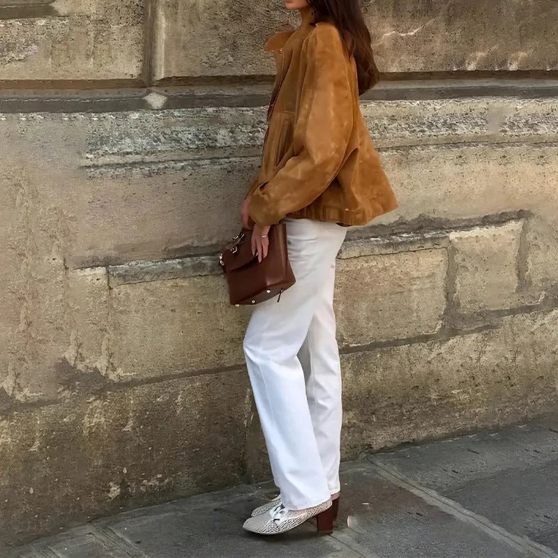 European and American retro solid colour loose-fit jacket with long sleeves in polyester