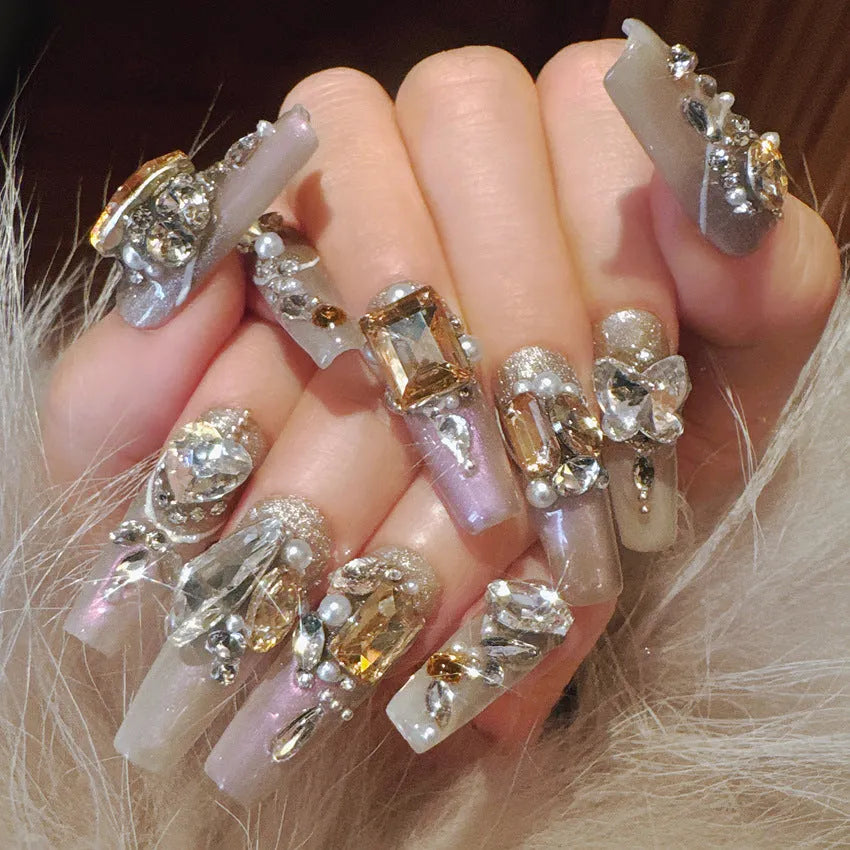 Wear Nail false nail patches with rhinestone detailing in card paper packaging, showing S number size and phototherapy sealing layer