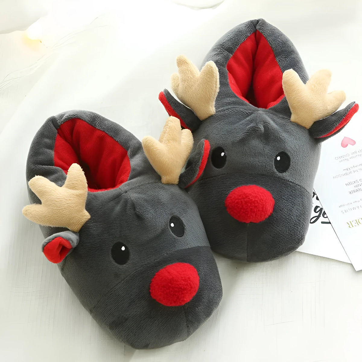 Grey Christmas elk home slippers with super soft fleece upper and point bottom sole, unisex sizes 36-41