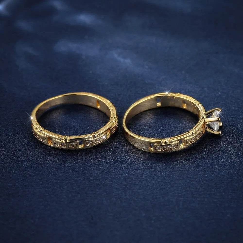 Gold electroplated alloy couple ring set with micro inlaid zircon, geometric shape, sizes No 5 to No 11