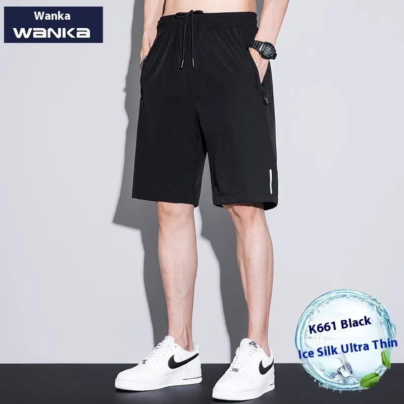 Men's thin ice silk quick-drying running shorts in black, dark blue, or light grey, sizes M to 4XL