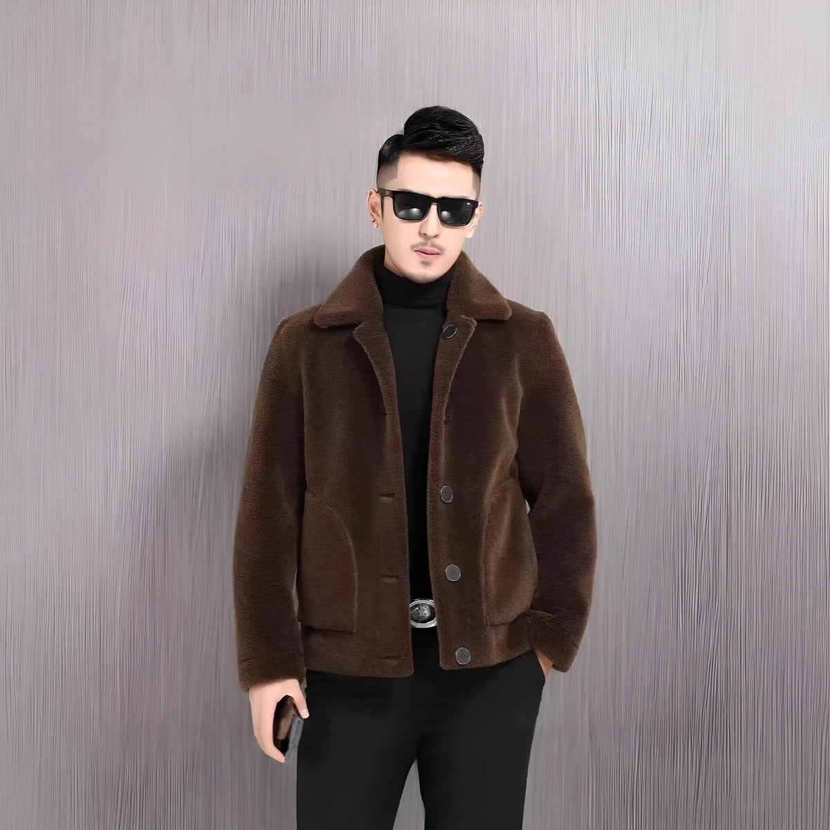 Men's double-sided faux fur polo collar jacket in dark grey, black, or dark, loose fit winter padded coat.