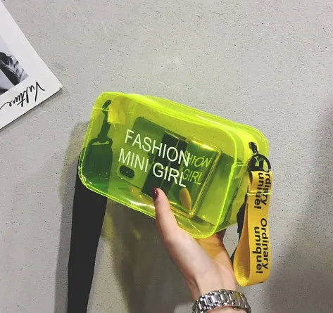 Transparent square jelly shoulder bag with adjustable strap in multiple colour options showing 19cm width dimensions