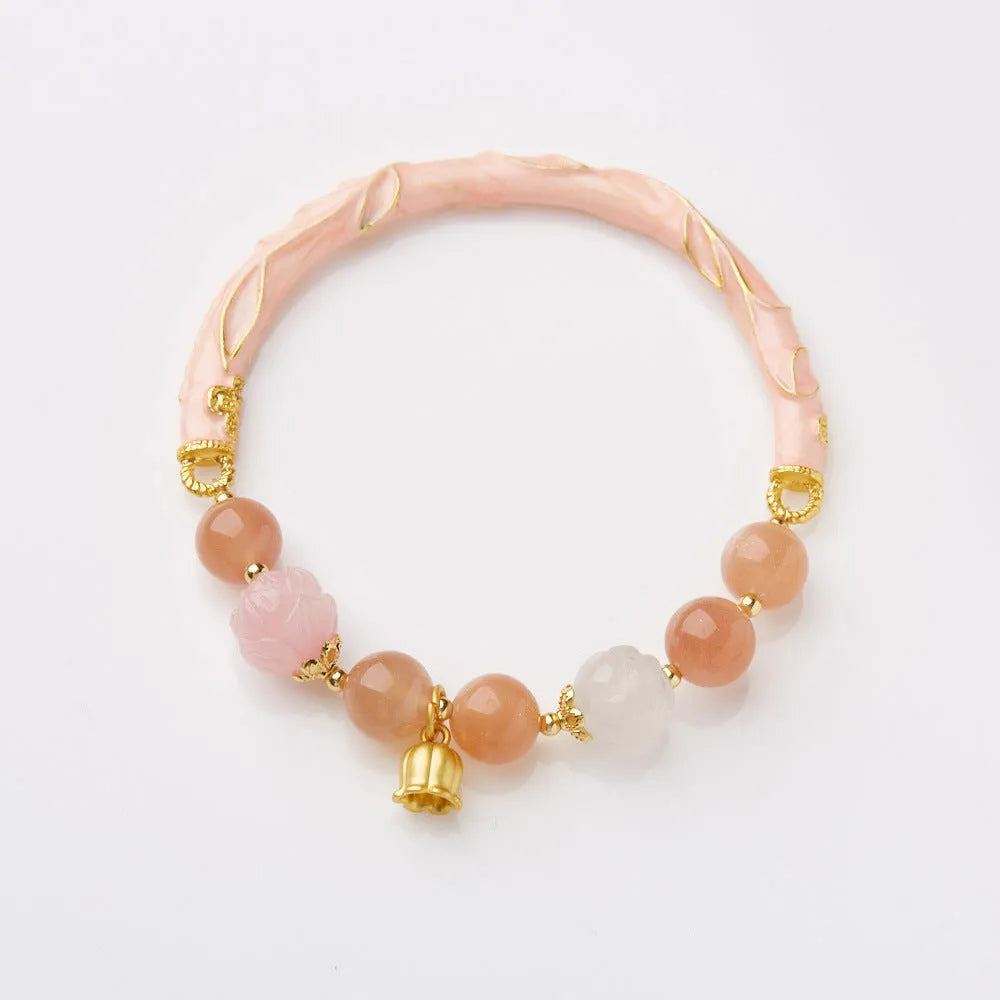 Traditional Chinese sunstone jinsi jade half bracelet with geometric shape and lily design elements