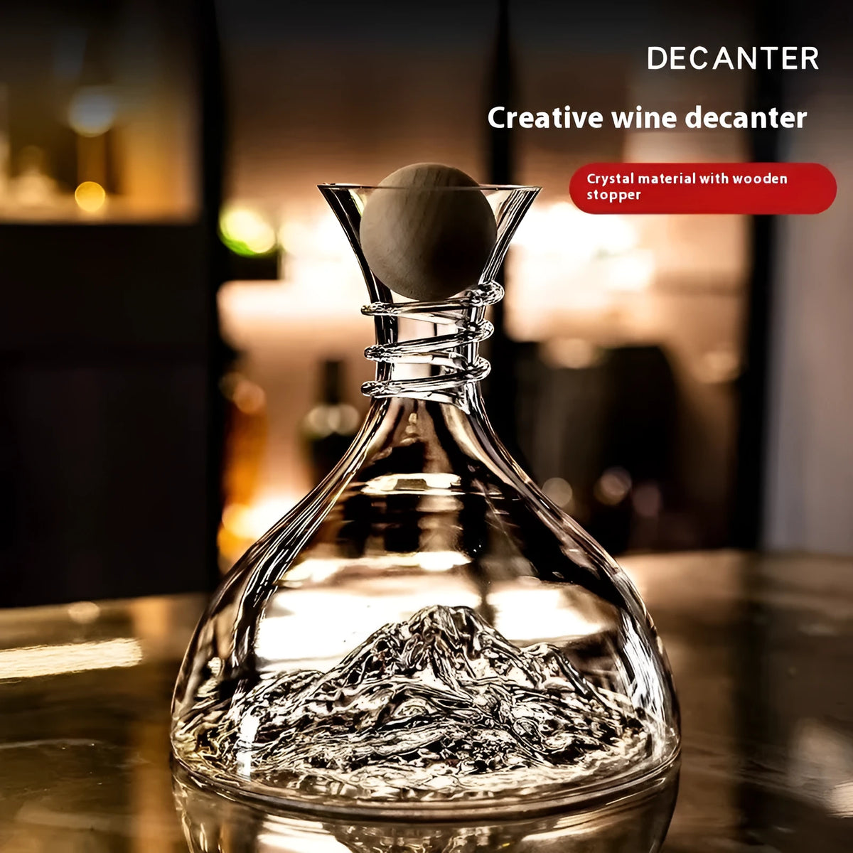 Transparent lead-free crystal glass wine decanter with 1000ml+ capacity for red wine aeration, shown with optional wooden ball plug