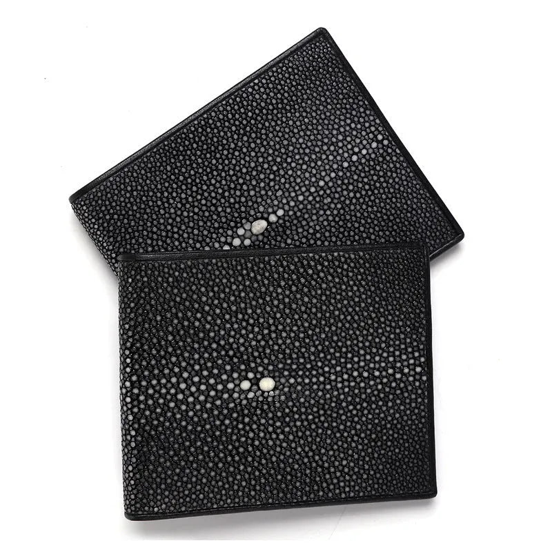 Genuine leather pearl fishskin texture wallet with horizontal square design and sewing thread detailing