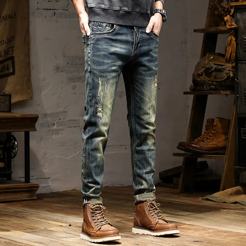 Men's retro colour stretch denim jeans with zip fly, shown in a slim pencil style for casual wear