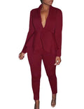 Women's white ruffle air layer business suit with pencil pants on hanger