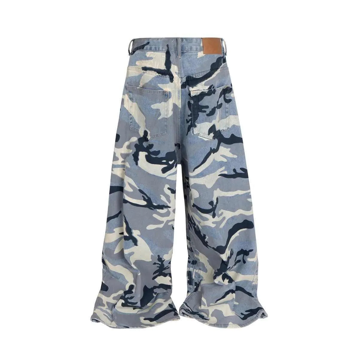 Snow camouflage blue jeans with loose fit and mid-waist design on a hanger