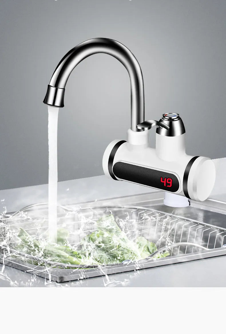 White kitchen electric water heater with digital temperature display, 3000W power, and 10L capacity