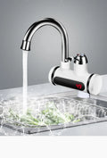 White kitchen electric water heater with digital temperature display, 3000W power, and 10L capacity