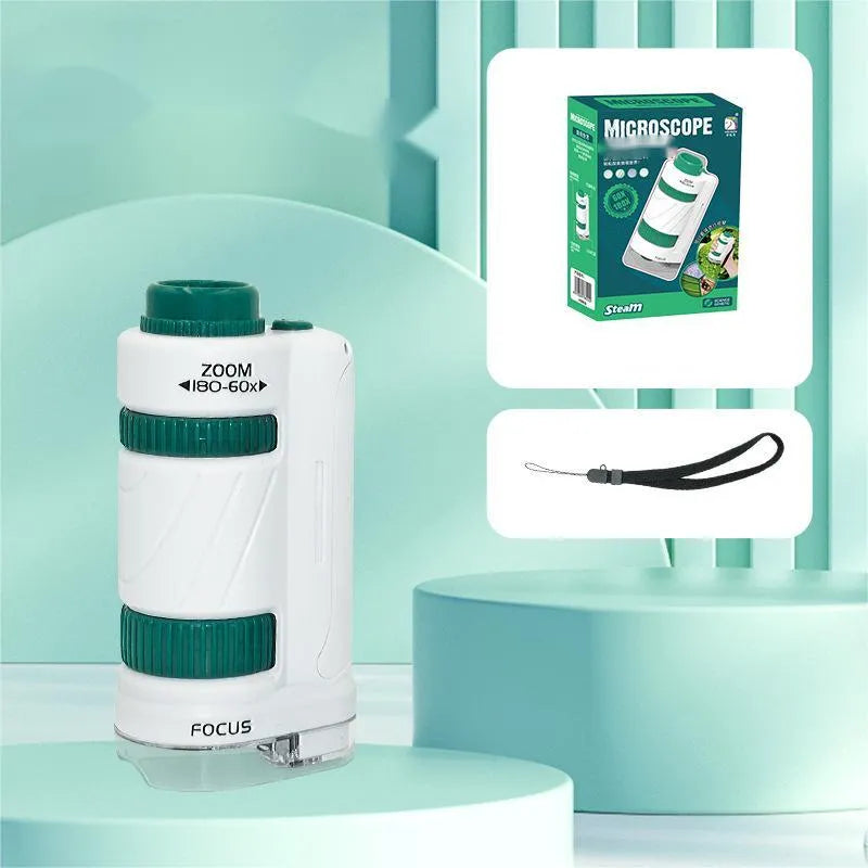Portable plastic microscope set with specimen slides in white-green and white-black colour options.