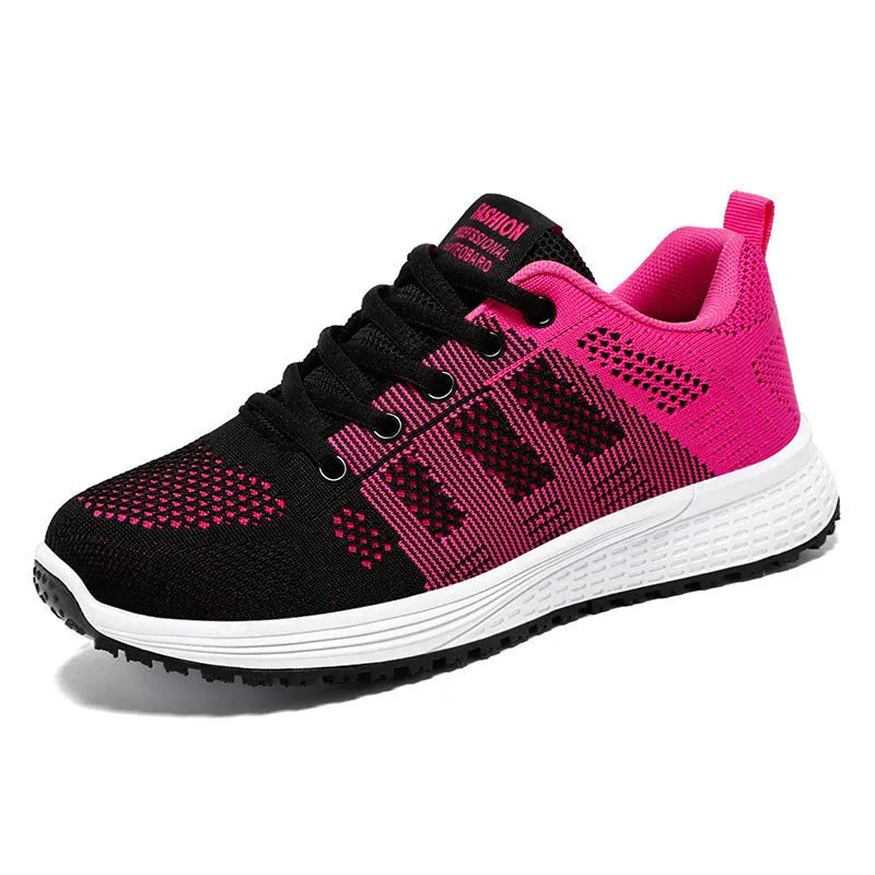 Women's Flyknit running shoes in black, rose red, or grey pink with a flat heel and lace-up front.