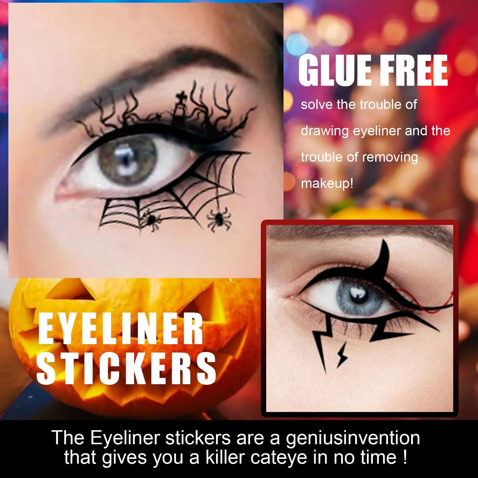 Bat spider decorative eyeliner stickers pack with 8 pairs of temporary tattoo transfers