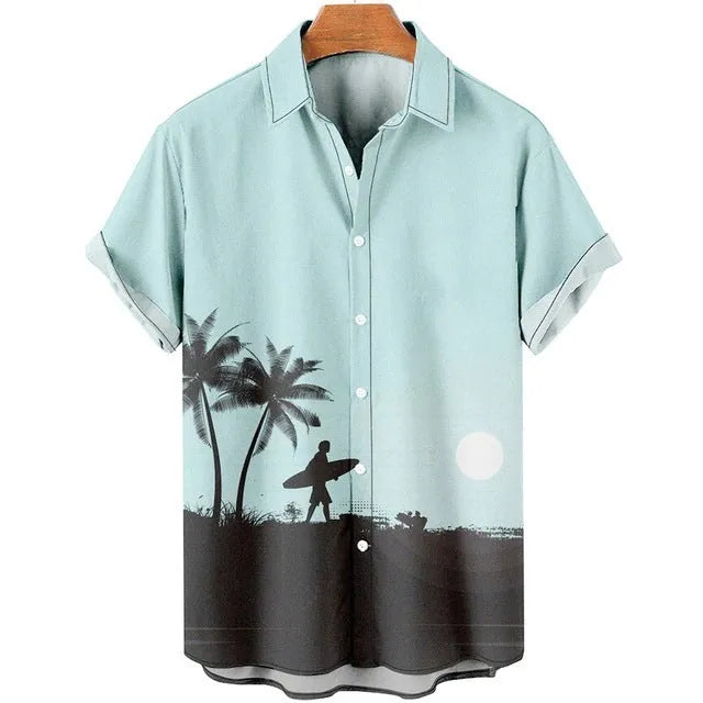 Man wearing a slim fit short sleeve casual shirt with a colourful floral 3D digital print.