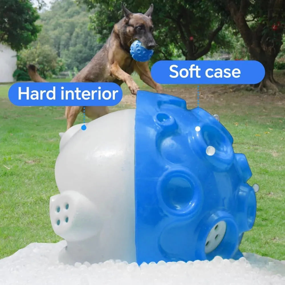 Dog toy ball in black, blue, green, orange, or yellow with squeaky sound generator and teeth-cleaning bumps
