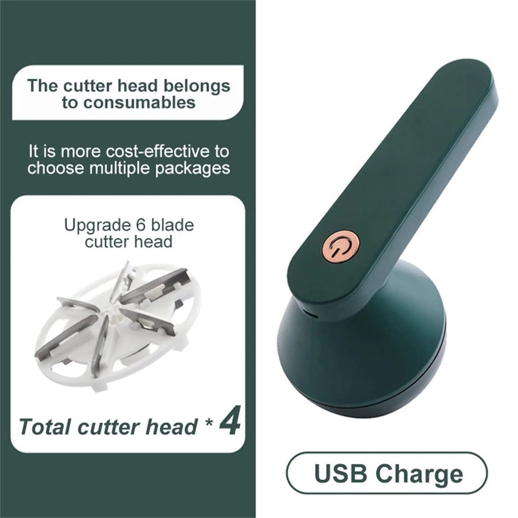White USB rechargeable electric lint remover shaver with removable lint collector container on a sweater.
