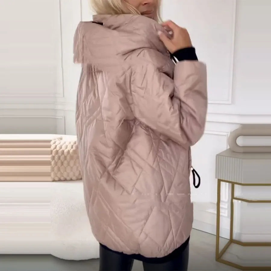 Women's hooded casual coat in black or pink colour made from polyester fabric