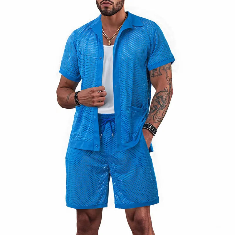 Hawaii see-through summer leisure suit comprising a short sleeve cardigan and matching shorts on a hanger.