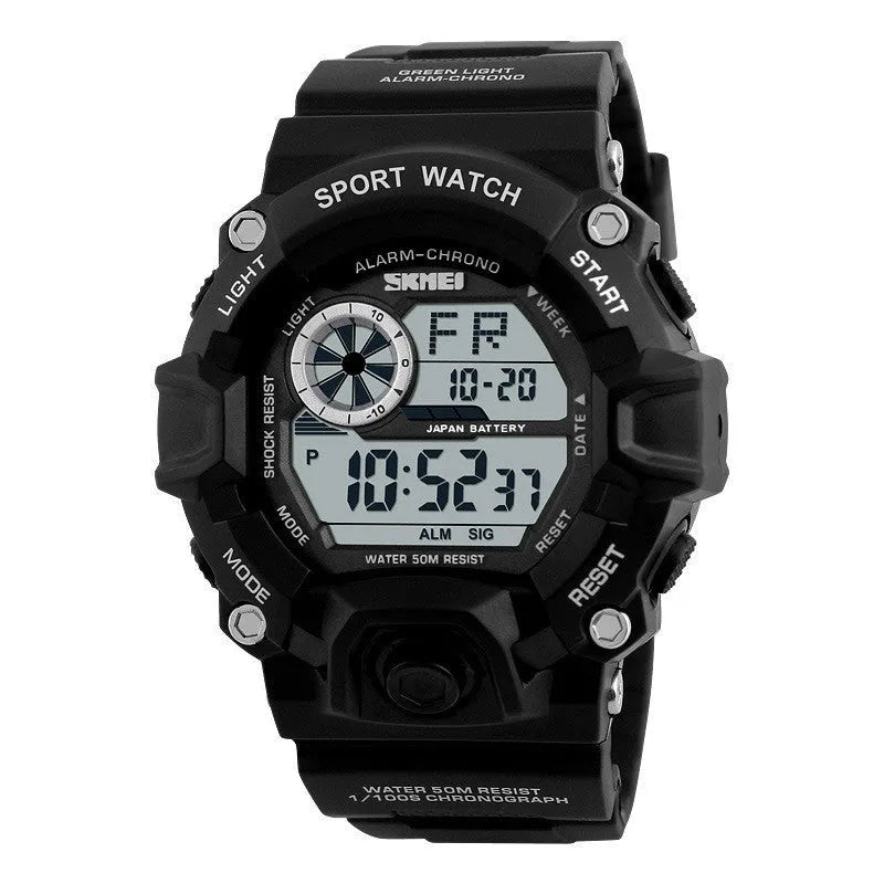 Waterproof multifunctional electronic watch with round dial, plastic strap, and 30M water resistance in various colours