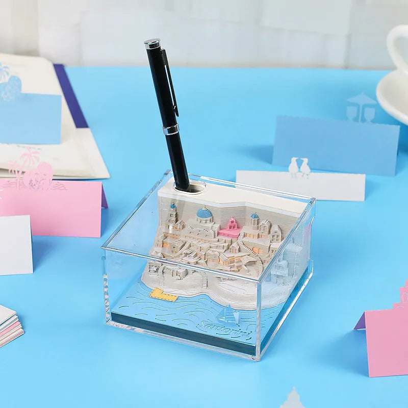Santorini 3D paper carving building model notepad with LED lighting decoration showing beach scene construction