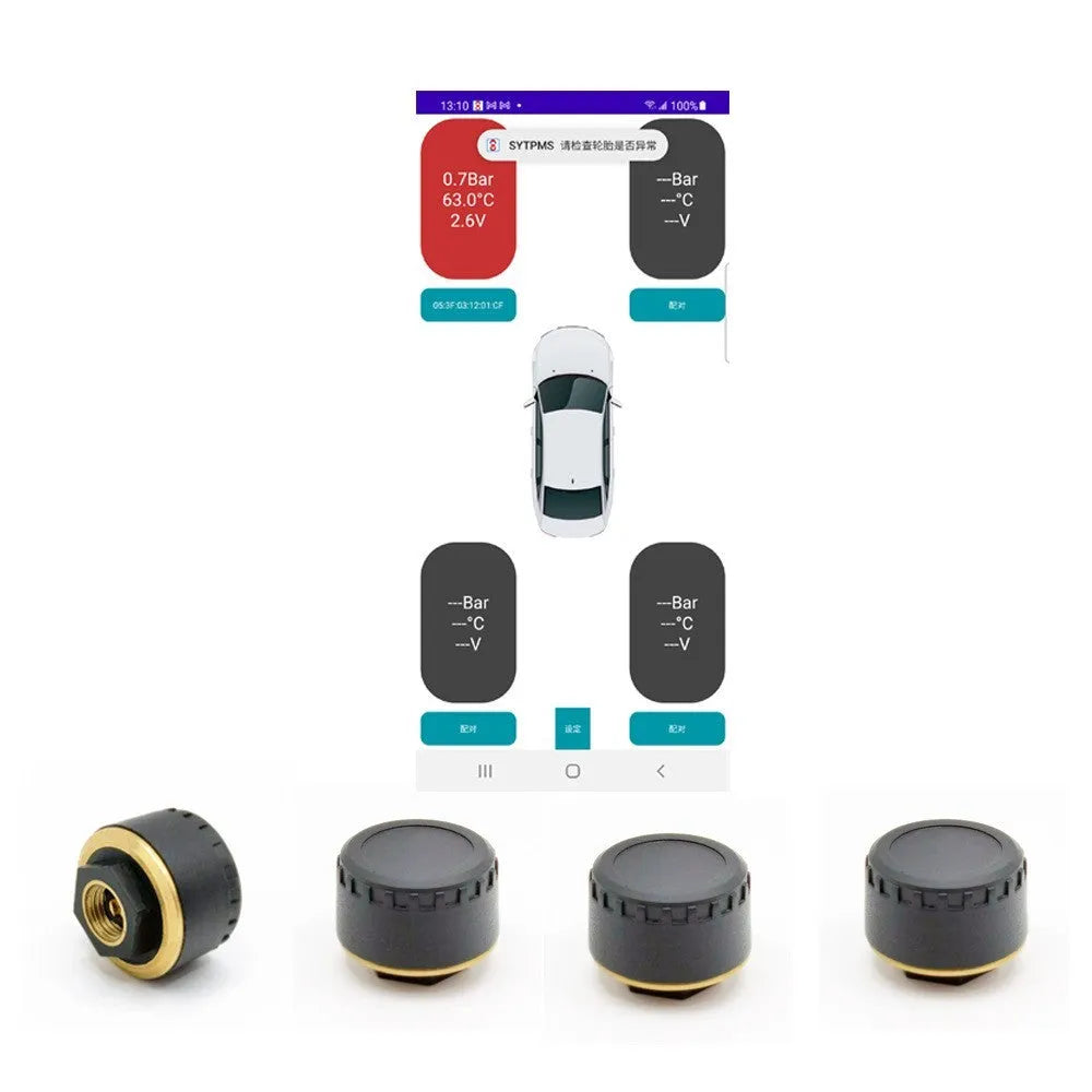 Bluetooth tyre pressure monitor with four sensors showing smartphone app display of real-time pressure readings