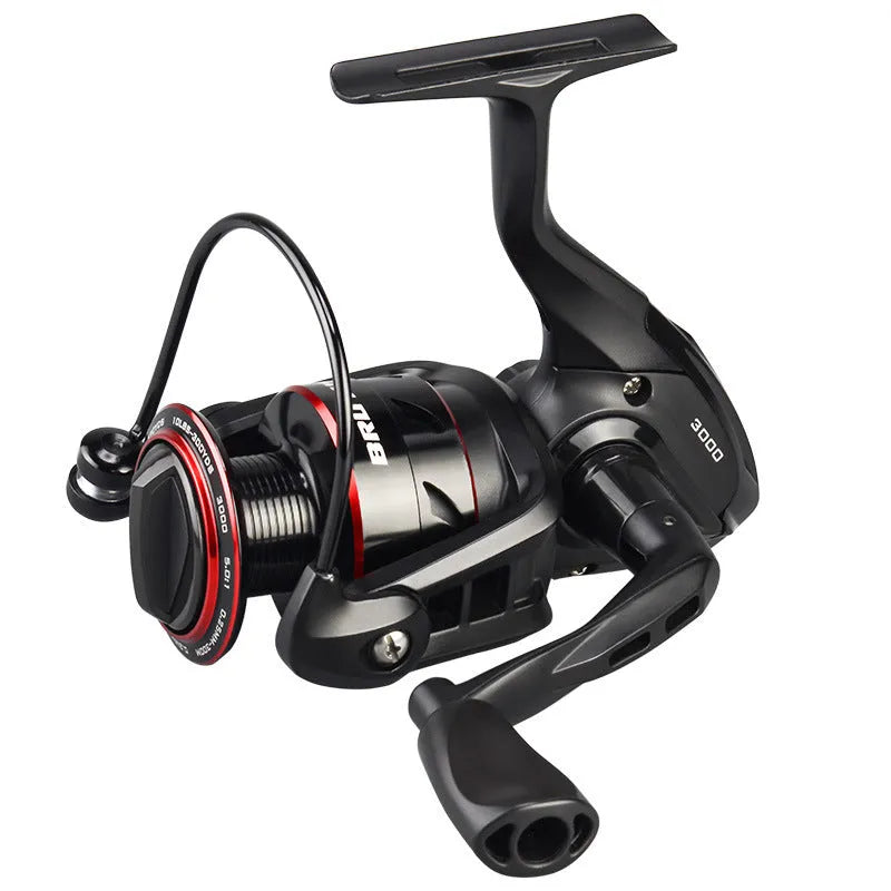 All-metal spinning fishing reel with collapsed telescopic rod showing four series size options