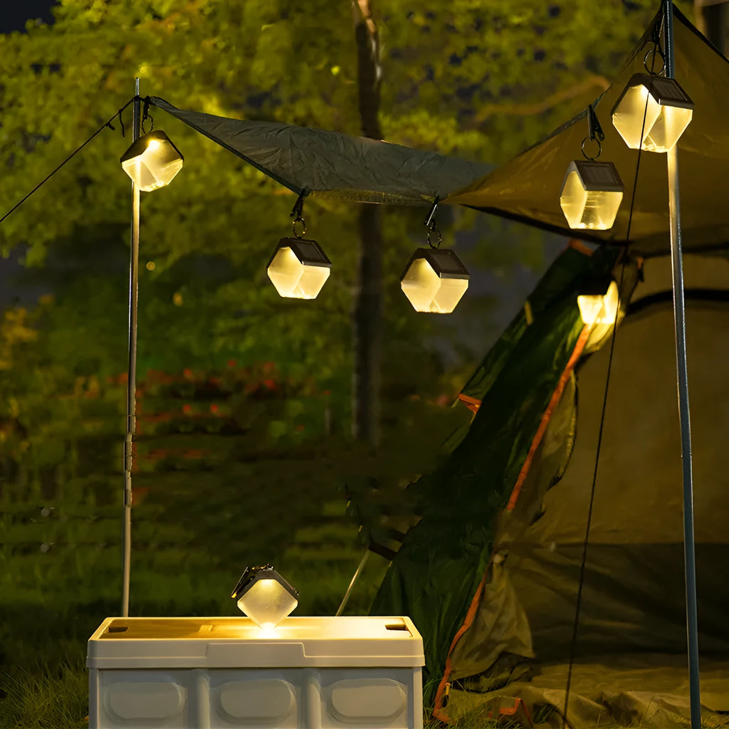 Outdoor solar ice brick chandelier, dual colour LED, IP65, 95 x 95 x 48 mm, with hanging clip