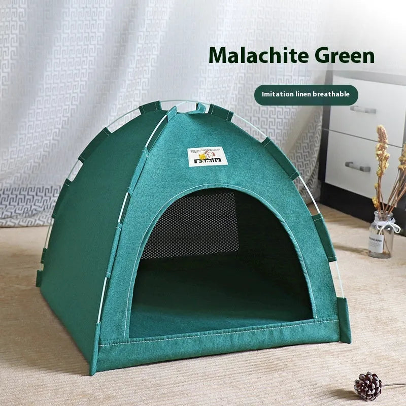 Grey linen-like fabric pet tent bed with removable washable cover for cats and small dogs.
