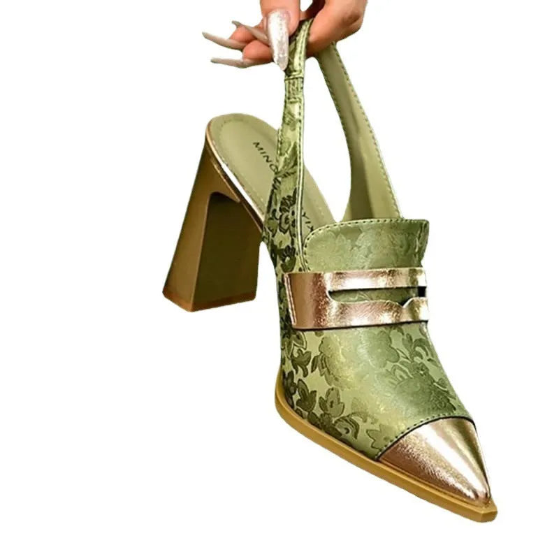 Korean style women's black strap sandals with chunky heel and pointed toe on a rubber sole.