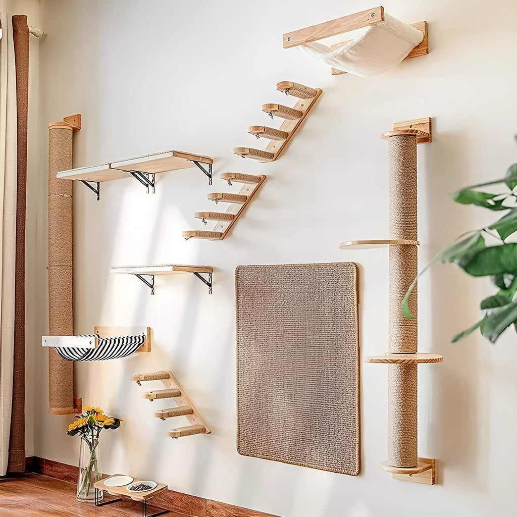 Wooden wall-mounted cat climbing frame with khaki sisal rope scratching surface