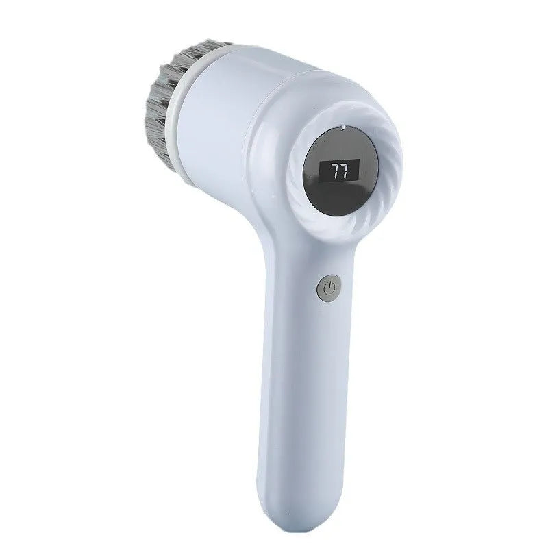 USB electric cleaning brush in light grey or purple with interchangeable cleaning heads for kitchen and household surfaces
