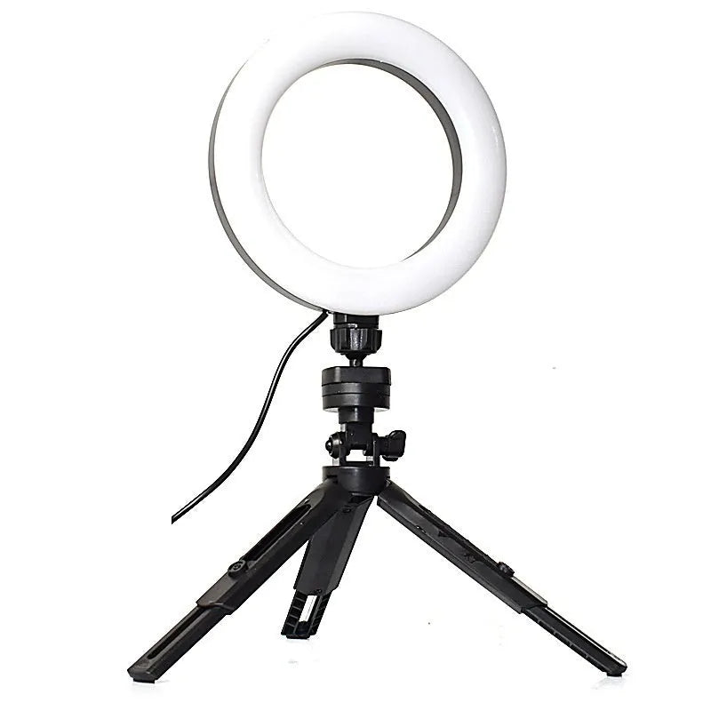 Black universal desktop tripod and bracket kit with adjustable fill light for mobile phones.