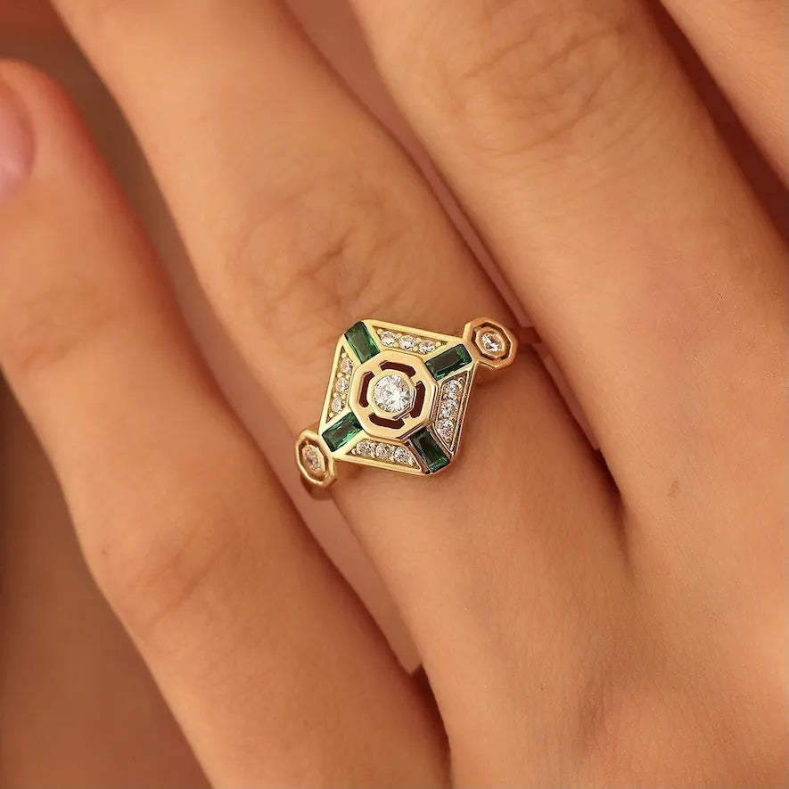 Geometric square women's ring with electroplated lvzuan colour finish showing clean lines and angles